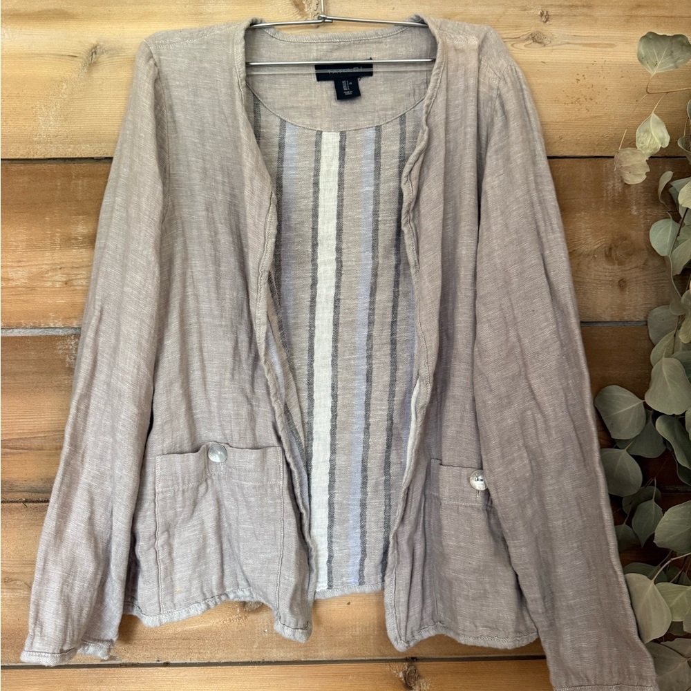 Light Brown/Grey Open Front Linen Cardigan